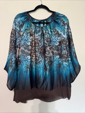Susan Graver Teal and Brown Ombre Floral Blouse